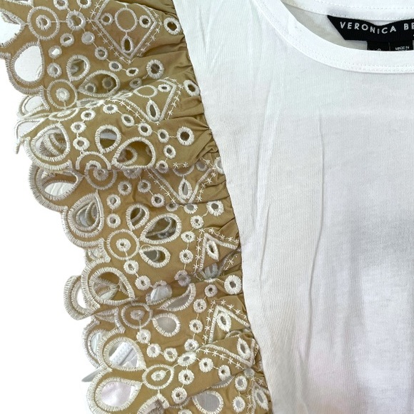 Veronica Beard Jadi Eyelet Ruffle Tee White & Light Khaki, Size S - Picture 7 of 11
